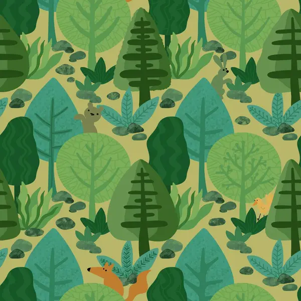 Abstract cartoon forest seamless trees and animals pattern with fox and bears and rabbit and bird for wrapping paper and kids clothes print and summer accessories. High quality illustration