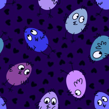 Paskalya yumurtaları ve örtü kağıtları, kumaşlar ve çocuk giysileri baskısı ve bahar aksesuarları ve parti tekstili için tavuk deseni. Yüksek kaliteli illüstrasyon