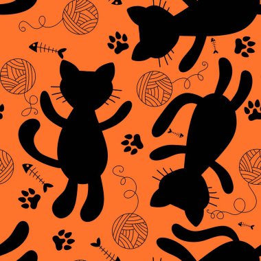 Çizgi filmlerdeki hayvan aksesuarları, dikişsiz kediler, iplik yumağı, kağıt, kumaş, çocuk giysisi baskısı, hayvanat bahçesi ambalajı ve evcil hayvan mağazası için balık kemiği desenleri. Yüksek kaliteli illüstrasyon