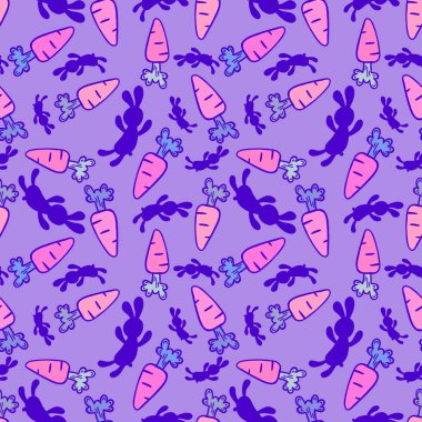 Paskalya karikatürü sebzesiz havuç desenli ambalajsız kağıt, kumaş, çarşaf ve çocuk giysileri baskısı ve parti aksesuarları ve bahar ambalajı ve tekstil. Yüksek kaliteli illüstrasyon