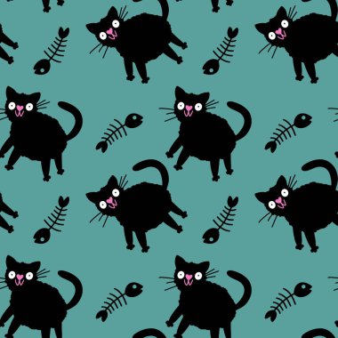 Cadılar Bayramı canavarları kağıt, kumaş ve çarşaf sarmak için kusursuz kedi desenleri ve çocuk giysileri baskısı ve şenlik ambalajı ve parti sonbahar aksesuarları. Yüksek kaliteli illüstrasyon