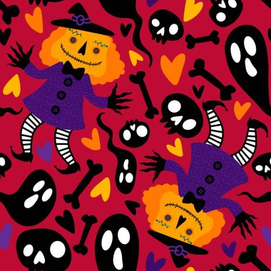 Cadılar Bayramı balkabakları kusursuz canavarlar ve kumaşlar ve çarşaflar için hayalet deseni ve çocuk giysileri baskısı ve şenlikli ambalajlar ve sonbahar partisi aksesuarları. Yüksek kaliteli illüstrasyon