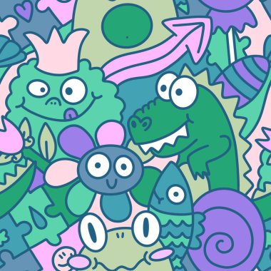 Çizgi filmlerdeki hayvanlar canavarları karalıyor. Dikensiz kurbağalar, çiçek, dinozor ve balık desenli ambalajlar, kumaşlar, çocuk baskıları, şenlikli ambalajlar ve yaz. Yüksek kalite fotoğraf