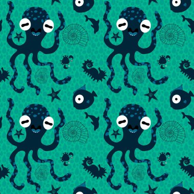 Yaz baskısı okyanus hayvanları kağıt, kumaş, çarşaf ve çocuk giysileri baskısı, şenlik aksesuarları ve hayvanat bahçesi ambalajları için kusursuz çizgi film desenleri. Yüksek kalite fotoğraf