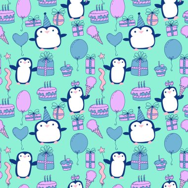 Doğum günü partisi hayvanları kağıt ve kumaş sarmak için kusursuz penguen desenleri ve çocukların giysi baskısı ve şenlik aksesuarları ve yaz baskısı ve hayvanat bahçesi ambalajı. Yüksek kaliteli illüstrasyon