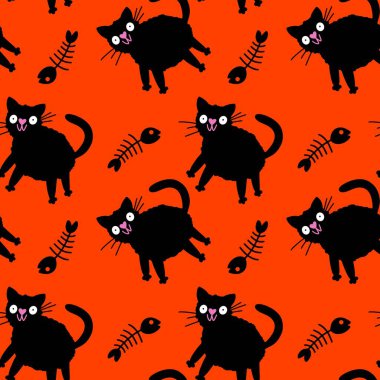 Cadılar Bayramı canavarları kağıt, kumaş ve çarşaf sarmak için kusursuz kedi desenleri ve çocuk giysileri baskısı ve şenlik ambalajı ve parti sonbahar aksesuarları. Yüksek kaliteli illüstrasyon