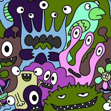 Çizgi film canavarları, kusursuz komik uzaylılar, tavşan, kaktüs ve çiçek desenleri. Kağıt, çarşaf, kumaş, çocuk giysisi baskısı ve şenlikli ambalaj için. Yüksek kaliteli illüstrasyon