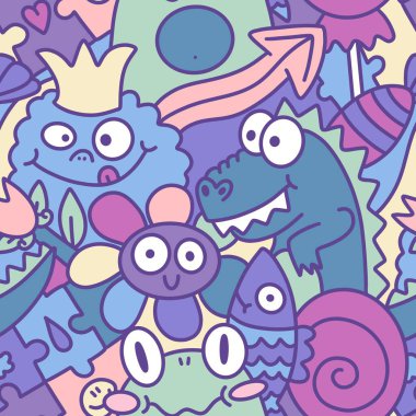 Çizgi filmlerdeki hayvanlar canavarları karalıyor. Dikensiz kurbağalar, çiçek, dinozor ve balık desenli ambalajlar, kumaşlar, çocuk baskıları, şenlikli ambalajlar ve yaz. Yüksek kalite fotoğraf