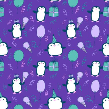 Doğum günü partisi hayvanları kağıt ve kumaş sarmak için kusursuz penguen desenleri ve çocukların giysi baskısı ve şenlik aksesuarları ve yaz baskısı ve hayvanat bahçesi ambalajı. Yüksek kaliteli illüstrasyon