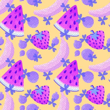 Çizgi film karalaması tatlı meyvesiz muz ve çilek ve karpuz ve yaban mersini deseni yaz baskısı ve ambalaj kağıdı ve kumaşlar ve çocuklar için tekstil ve menü. Yüksek kaliteli illüstrasyon