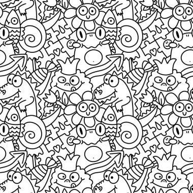 Çizgi filmlerdeki hayvanlar canavarları karalıyor. Dikensiz kurbağalar, çiçek, dinozor ve balık desenli ambalajlar, kumaşlar, çocuk baskıları, şenlikli ambalajlar ve yaz. Yüksek kalite fotoğraf