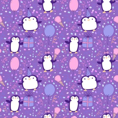 Doğum günü partisi hayvanları kağıt ve kumaş sarmak için kusursuz penguen desenleri ve çocukların giysi baskısı ve şenlik aksesuarları ve yaz baskısı ve hayvanat bahçesi ambalajı. Yüksek kaliteli illüstrasyon