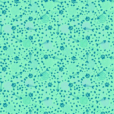 Çizgi filmlerdeki hayvan aksesuarları, dikişsiz kediler, iplik yumağı, kağıt, kumaş, çocuk giysisi baskısı, hayvanat bahçesi ambalajı ve evcil hayvan mağazası için balık kemiği desenleri. Yüksek kaliteli illüstrasyon