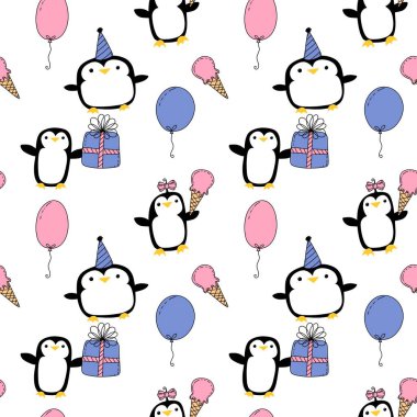 Doğum günü partisi hayvanları kağıt ve kumaş sarmak için kusursuz penguen desenleri ve çocukların giysi baskısı ve şenlik aksesuarları ve yaz baskısı ve hayvanat bahçesi ambalajı. Yüksek kaliteli illüstrasyon