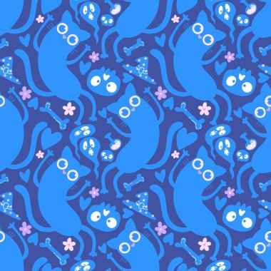 Cadılar Bayramı canavarları kağıt, kumaş ve çarşaf sarmak için kusursuz kedi desenleri ve çocuk giysileri baskısı ve şenlik ambalajı ve parti sonbahar aksesuarları. Yüksek kaliteli illüstrasyon