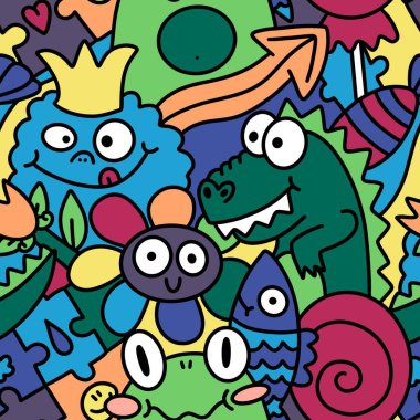 Çizgi filmlerdeki hayvanlar canavarları karalıyor. Dikensiz kurbağalar, çiçek, dinozor ve balık desenli ambalajlar, kumaşlar, çocuk baskıları, şenlikli ambalajlar ve yaz. Yüksek kalite fotoğraf