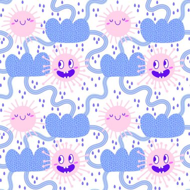 Yaz karikatürlerinde hava açık ve bulutlu. Kağıt, kumaş, çarşaf, çocuk giysisi baskısı, şenlik aksesuarları ve moda tekstili. Yüksek kaliteli illüstrasyon