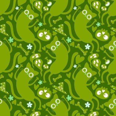 Cadılar Bayramı canavarları kağıt, kumaş ve çarşaf sarmak için kusursuz kedi desenleri ve çocuk giysileri baskısı ve şenlik ambalajı ve parti sonbahar aksesuarları. Yüksek kaliteli illüstrasyon