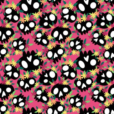 Cadılar Bayramı canavarları, sarma kâğıtları, kumaşlar, çarşaflar, çocuk giysileri baskıları, şenlikli ambalajlar ve parti aksesuarları için kusursuz kafatası ve çiçek deseni. Yüksek kaliteli illüstrasyon