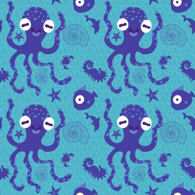 Yaz baskısı okyanus hayvanları kağıt, kumaş, çarşaf ve çocuk giysileri baskısı, şenlik aksesuarları ve hayvanat bahçesi ambalajları için kusursuz çizgi film desenleri. Yüksek kalite fotoğraf