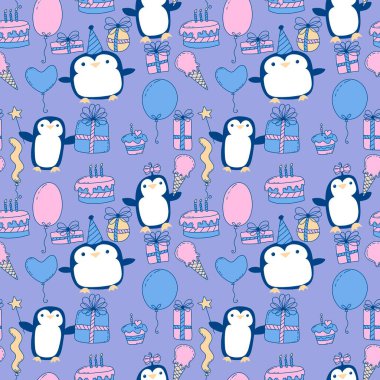 Doğum günü partisi hayvanları kağıt ve kumaş sarmak için kusursuz penguen desenleri ve çocukların giysi baskısı ve şenlik aksesuarları ve yaz baskısı ve hayvanat bahçesi ambalajı. Yüksek kaliteli illüstrasyon