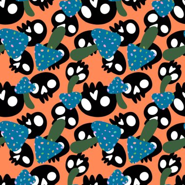 Cadılar Bayramı çizgi filmlerinde kafatası, kağıt, kumaş, çarşaf, çocuk giysisi baskısı, sonbahar aksesuarları ve parti ambalajları için pürüzsüz kemik kalıpları. Yüksek kaliteli illüstrasyon