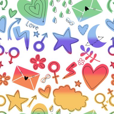 Kumaşlar, çarşaflar, ambalaj kağıtları ve yaz partisi aksesuarları için soyut çizimsiz lgbtq gökkuşağı deseni. Yüksek kaliteli illüstrasyon