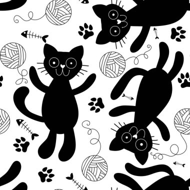 Çizgi filmlerdeki hayvan aksesuarları, dikişsiz kediler, iplik yumağı, kağıt, kumaş, çocuk giysisi baskısı, hayvanat bahçesi ambalajı ve evcil hayvan mağazası için balık kemiği desenleri. Yüksek kaliteli illüstrasyon