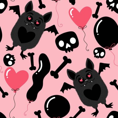 Cadılar Bayramı hayvanlarının karikatürleri karikatürsüz yarasaların canavar desenleri kağıt, kumaş, çarşaf ve çocuk giysileri baskısı ve sonbahar ambalajları ve parti aksesuarları. Yüksek kaliteli illüstrasyon