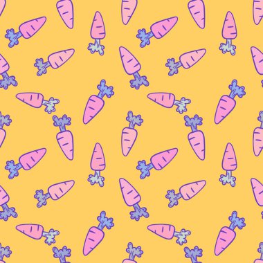 Paskalya karikatürü sebzesiz havuç desenli ambalajsız kağıt, kumaş, çarşaf ve çocuk giysileri baskısı ve parti aksesuarları ve bahar ambalajı ve tekstil. Yüksek kaliteli illüstrasyon