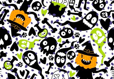 Cadılar Bayramı balkabakları kağıt, kumaş, çarşaf, çocuk giysisi baskısı, şenlik ambalajı ve sonbahar partisi aksesuarları için kusursuz canavar desenleri. Yüksek kaliteli illüstrasyon