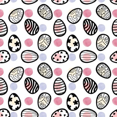 Karikatür Paskalya yumurtaları kumaşlar ve çarşaflar için noktasız polka desenleri ve çocuk giysileri baskısı ve bahar aksesuarları ve ambalaj kağıdı. Yüksek kaliteli illüstrasyon