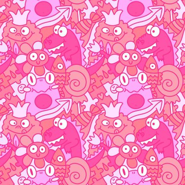 Çizgi filmlerdeki hayvanlar canavarları karalıyor. Dikensiz kurbağalar, çiçek, dinozor ve balık desenli ambalajlar, kumaşlar, çocuk baskıları, şenlikli ambalajlar ve yaz. Yüksek kalite fotoğraf