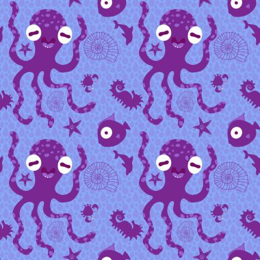 Yaz baskısı okyanus hayvanları kağıt, kumaş, çarşaf ve çocuk giysileri baskısı, şenlik aksesuarları ve hayvanat bahçesi ambalajları için kusursuz çizgi film desenleri. Yüksek kalite fotoğraf