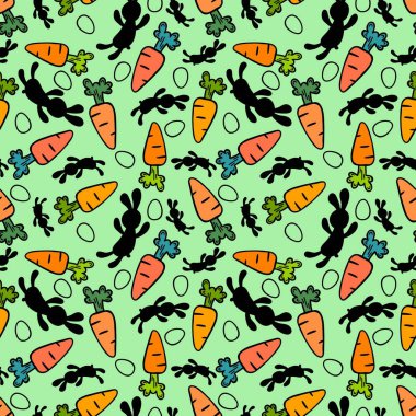 Paskalya karikatürü sebzesiz havuç desenli ambalajsız kağıt, kumaş, çarşaf ve çocuk giysileri baskısı ve parti aksesuarları ve bahar ambalajı ve tekstil. Yüksek kaliteli illüstrasyon