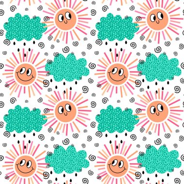 Yaz karikatürlerinde hava açık ve bulutlu. Kağıt, kumaş, çarşaf, çocuk giysisi baskısı, şenlik aksesuarları ve moda tekstili. Yüksek kaliteli illüstrasyon