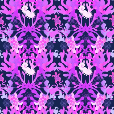 Çizgi film hayvanları, deniz yıldızları, kaplumbağalar, kabuklar, yengeçler, ahtapot desenleri kumaşlar, ambalaj kağıtları, yaz baskıları, moda tekstilleri ve çocuklar. Yüksek kaliteli illüstrasyon