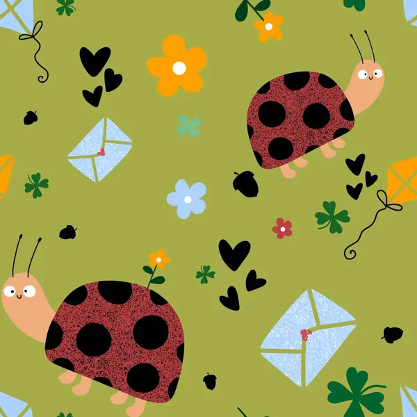 Cartoon animals seamless ladybug and flower and letters pattern for wrapping paper and fabrics and linens and kids clothes print and party accessories. High quality illustration