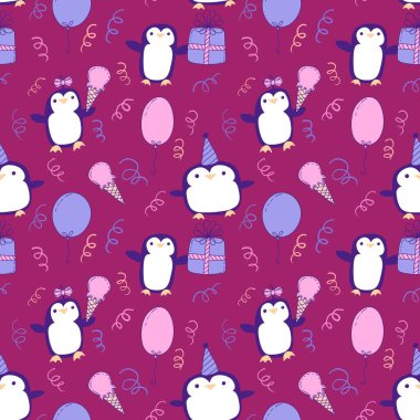 Doğum günü partisi hayvanları kağıt ve kumaş sarmak için kusursuz penguen desenleri ve çocukların giysi baskısı ve şenlik aksesuarları ve yaz baskısı ve hayvanat bahçesi ambalajı. Yüksek kaliteli illüstrasyon