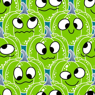 Cadılar Bayramı balkabakları kağıt, kumaş, çarşaf, çocuk giysisi baskısı, şenlik ambalajı ve sonbahar partisi aksesuarları için kusursuz canavar desenleri. Yüksek kaliteli illüstrasyon