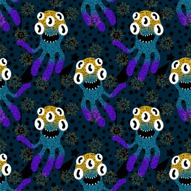 Cartoon monsters seamless emoticons aliens pattern for kids clothes print and wrapping paper and fabrics and linens and kindergarten. High quality illustration