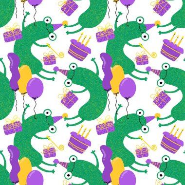Çizgi filmlerdeki kusursuz kurbağa desenleri kağıt, kumaş, çarşaf, çocuk giysisi baskısı, şenlik ambalajı ve parti aksesuarları için. Yüksek kaliteli illüstrasyon