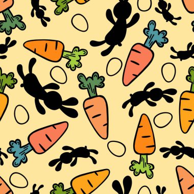 Paskalya karikatürü sebzesiz havuç desenli ambalajsız kağıt, kumaş, çarşaf ve çocuk giysileri baskısı ve parti aksesuarları ve bahar ambalajı ve tekstil. Yüksek kaliteli illüstrasyon