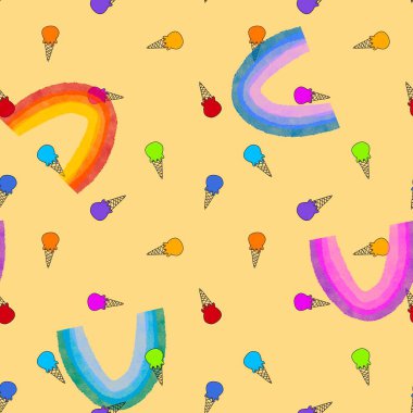 Karikatür suluboya boya kusursuz gökkuşağı ve dondurma desenleri ambalaj kağıdı, kumaş, çarşaf ve çocuk giysileri baskısı ve şenlikli paketleme ve parti aksesuarları için. Yüksek kaliteli illüstrasyon