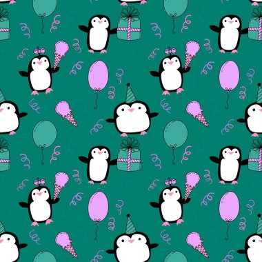 Doğum günü partisi hayvanları kağıt ve kumaş sarmak için kusursuz penguen desenleri ve çocukların giysi baskısı ve şenlik aksesuarları ve yaz baskısı ve hayvanat bahçesi ambalajı. Yüksek kaliteli illüstrasyon