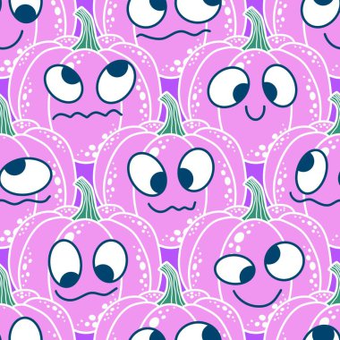 Cadılar Bayramı balkabakları kağıt, kumaş, çarşaf, çocuk giysisi baskısı, şenlik ambalajı ve sonbahar partisi aksesuarları için kusursuz canavar desenleri. Yüksek kaliteli illüstrasyon