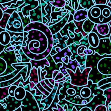 Çizgi filmlerdeki hayvanlar canavarları karalıyor. Dikensiz kurbağalar, çiçek, dinozor ve balık desenli ambalajlar, kumaşlar, çocuk baskıları, şenlikli ambalajlar ve yaz. Yüksek kalite fotoğraf