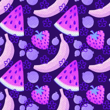 Çizgi film karalaması tatlı meyvesiz muz ve çilek ve karpuz ve yaban mersini deseni yaz baskısı ve ambalaj kağıdı ve kumaşlar ve çocuklar için tekstil ve menü. Yüksek kaliteli illüstrasyon