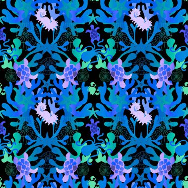 Çizgi film hayvanları, deniz yıldızları, kaplumbağalar, kabuklar, yengeçler, ahtapot desenleri kumaşlar, ambalaj kağıtları, yaz baskıları, moda tekstilleri ve çocuklar. Yüksek kaliteli illüstrasyon