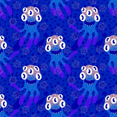 Cartoon monsters seamless emoticons aliens pattern for kids clothes print and wrapping paper and fabrics and linens and kindergarten. High quality illustration